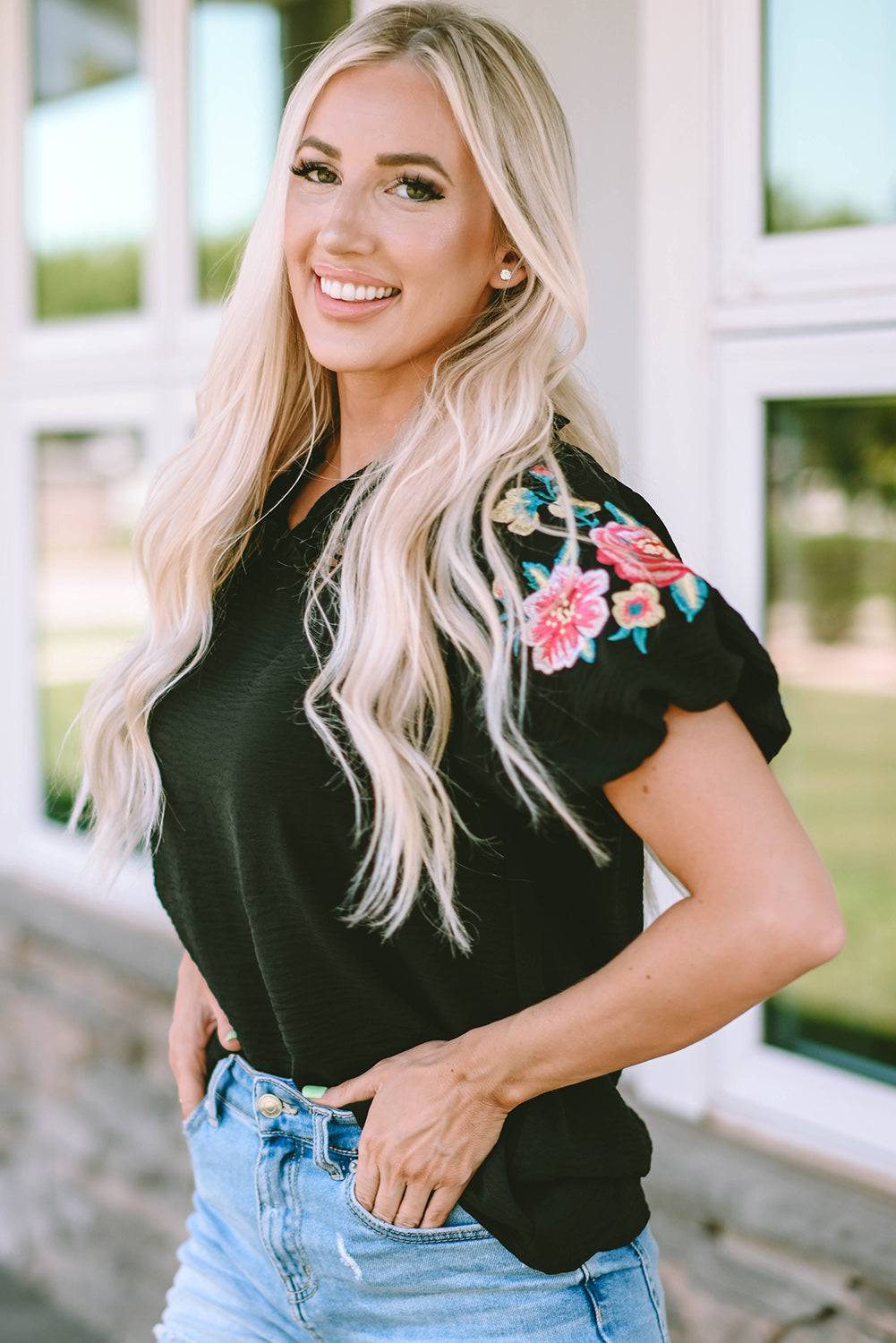 Black Floral Embroidered Bubble Sleeve Frill V Neck Top