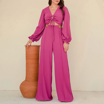 Costume à la mode pour femmes, col en v, manches pétales, haut court, pantalon à jambes larges