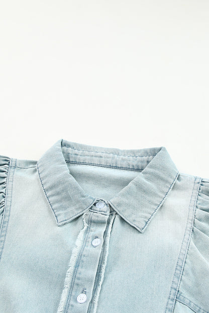 Sky Blue Distressed Bubble Sleeve Denim Shirt