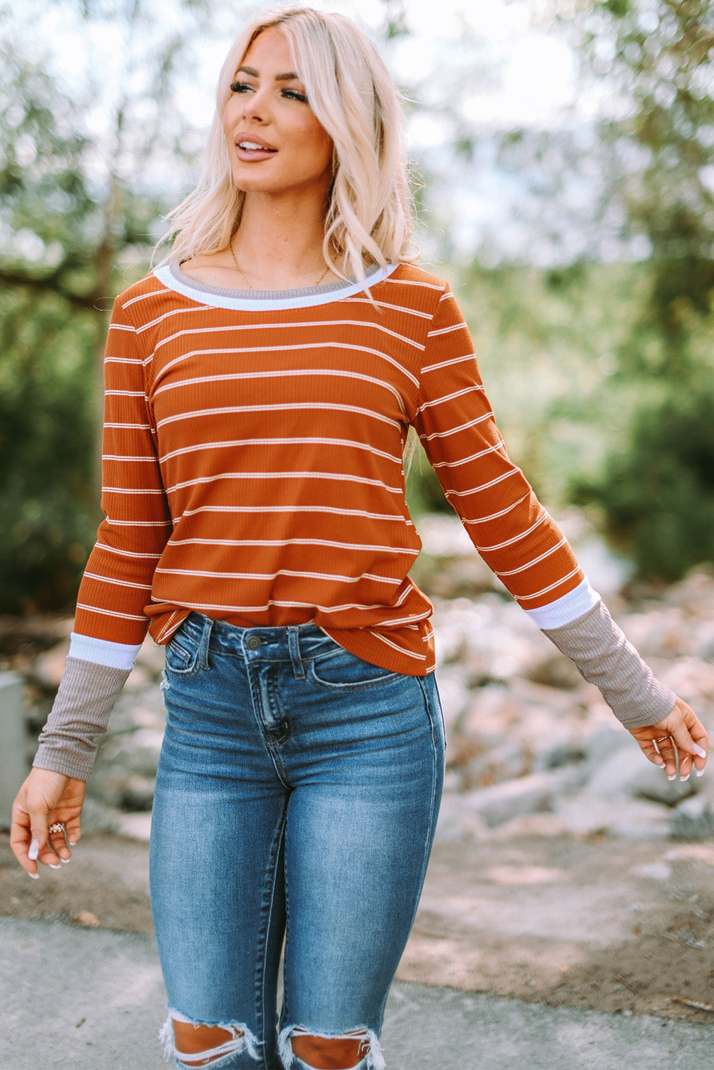 Dark Blue Striped Spliced Color Block Rib Knit Top