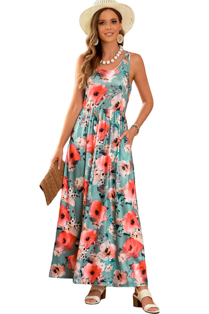 Robe débardeur d'été longue sans manches à imprimé floral vert