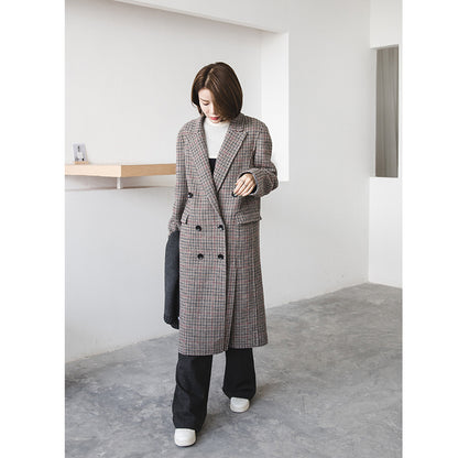 MoMo foam, autumn bird, plaid coat, women''s medium length, double breasted, cashmere coat.