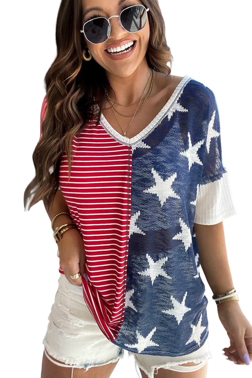 Dark Blue Stripes Stars Print Knit V Neck Short Sleeve Top