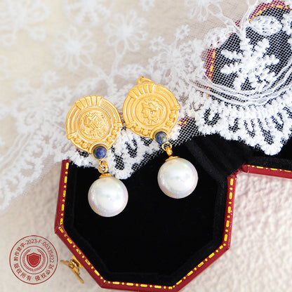 18K Gold Fashion Simple Circle Plaque with Pearl Design Versatile Earrings