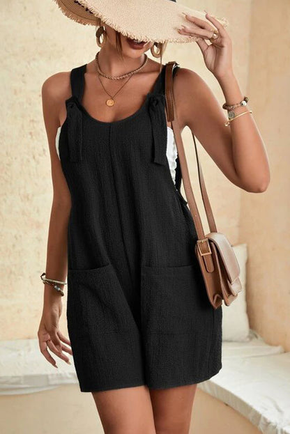 Black Shoulder Strap Pocket Textured Romper