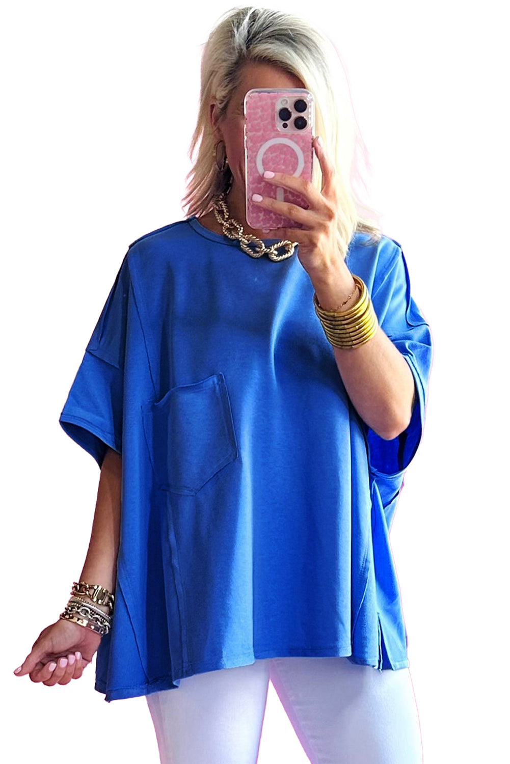 T-shirt oversize bleu avec poche plaquée et coutures apparentes