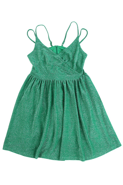 Green Double Straps Metallic Shining Skater Dress