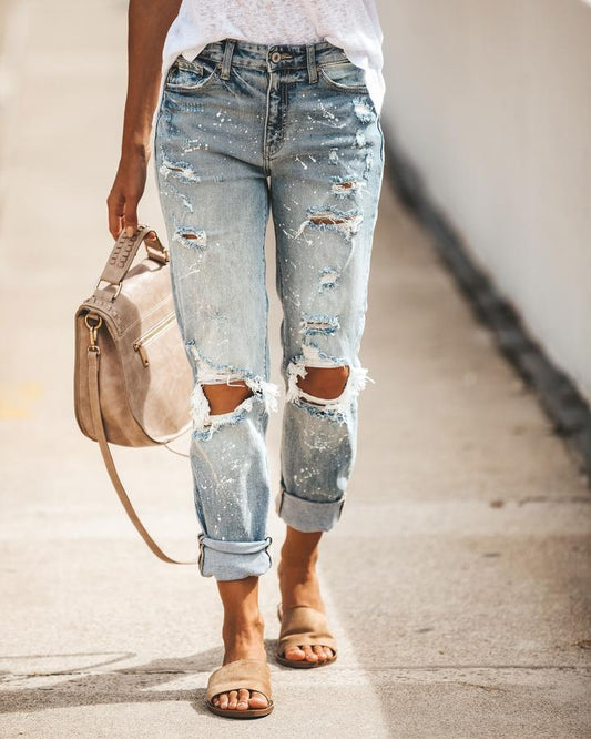 Summer Street Hipster Washed Hole Slim Schlankmachende bedruckte Jeanshose für Damen