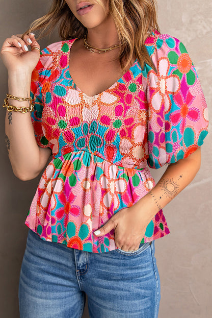 Pink Floral Print Puff Sleeve Blouse V Neck Smocked Peplum Top