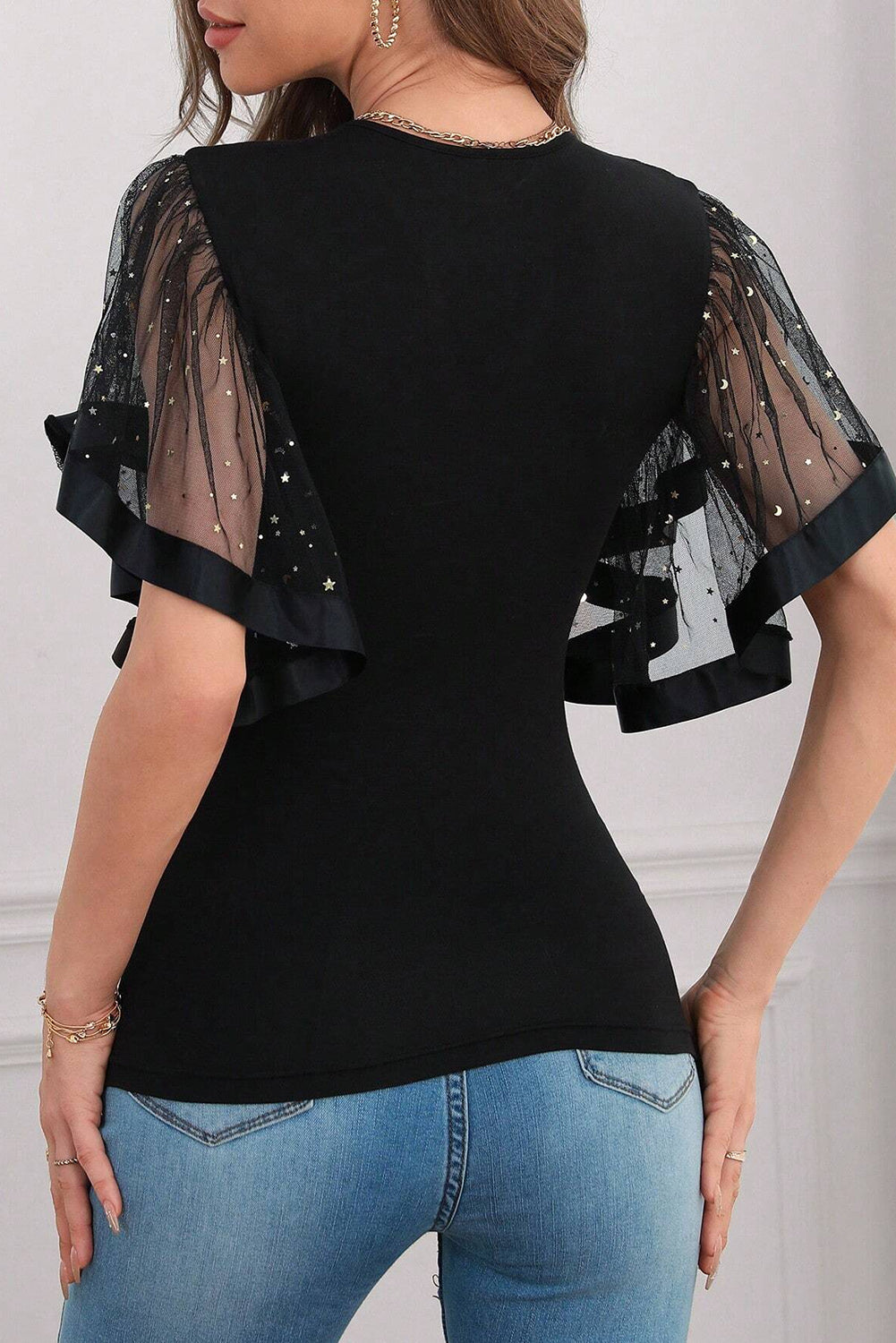 Black Stars Mesh Flutter Sleeve Keyhole Neck Slim Fit Top