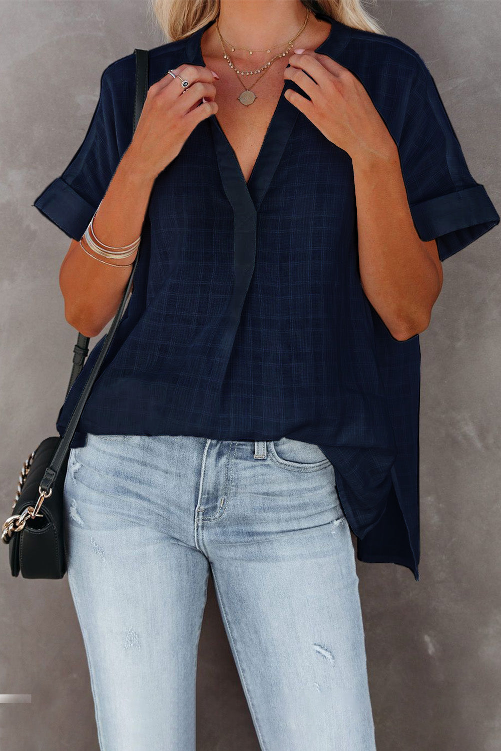 Navy Plaid Print Loose V Neck Short Sleeve Shirt with Slits