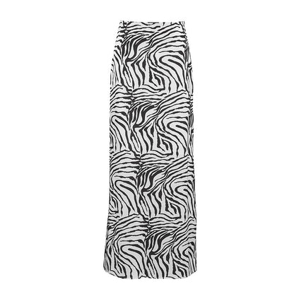 French Satin Zebra Pattern Skirt Women's Elegant Slimming High Waist A- Line