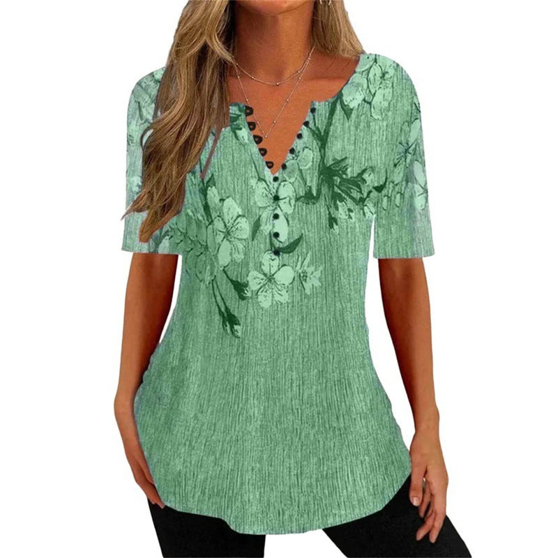 Women's Digital Printed V-neck Button Short-sleeved Top