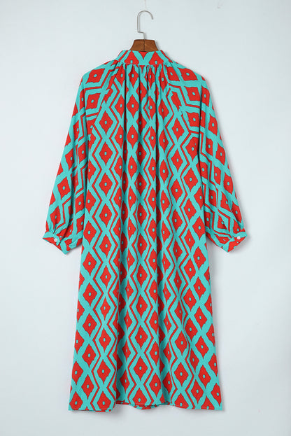 Sky Blue Geometric Print Split Neck Loose Shirt Dress