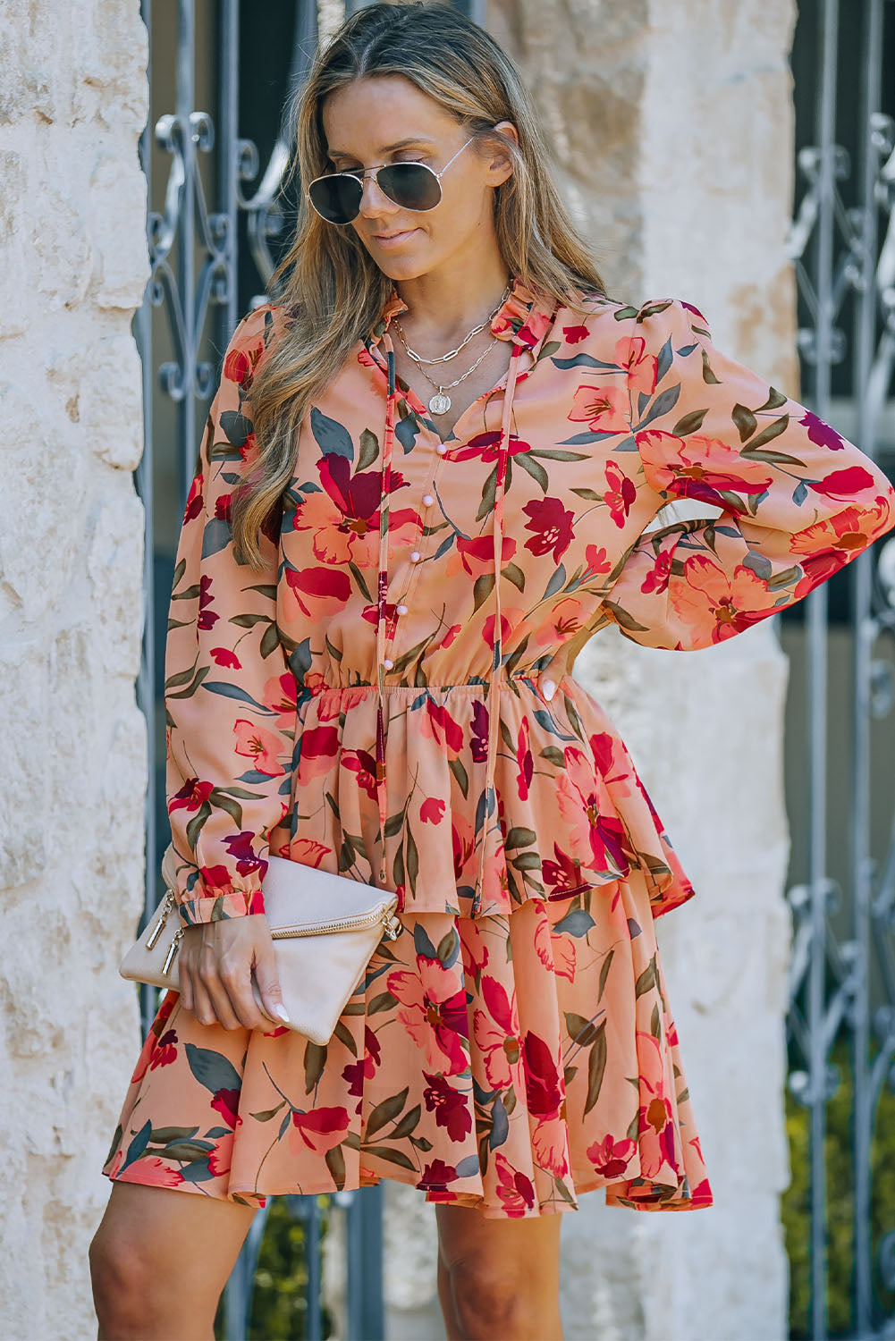 Fiery Red Frilled Collar Long Sleeve Floral Dress with Ruffle