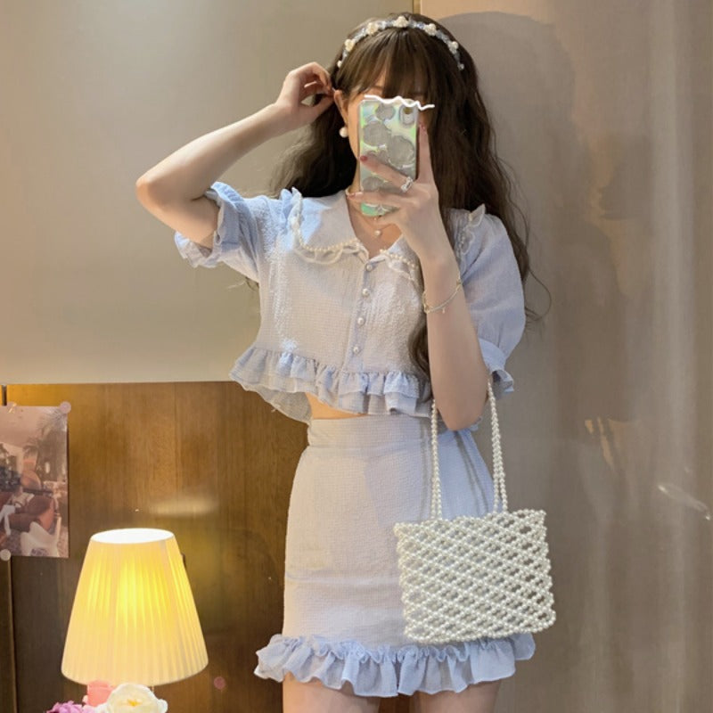 Women's Fashion Bubble Sleeve Doll Collar Shirt Skirt Set