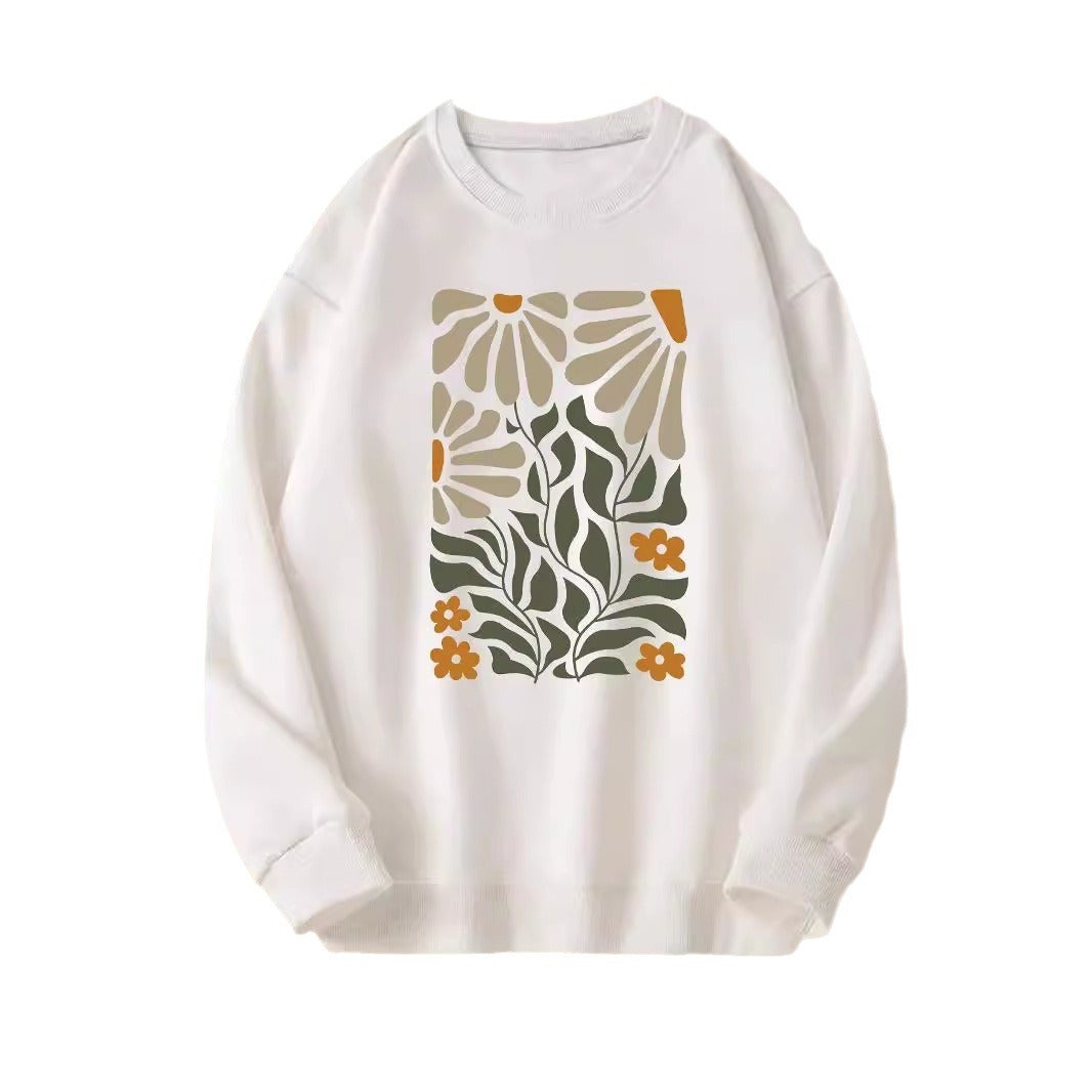 Pull à manches longues et col rond avec imprimé fleurs et plantes pour femme