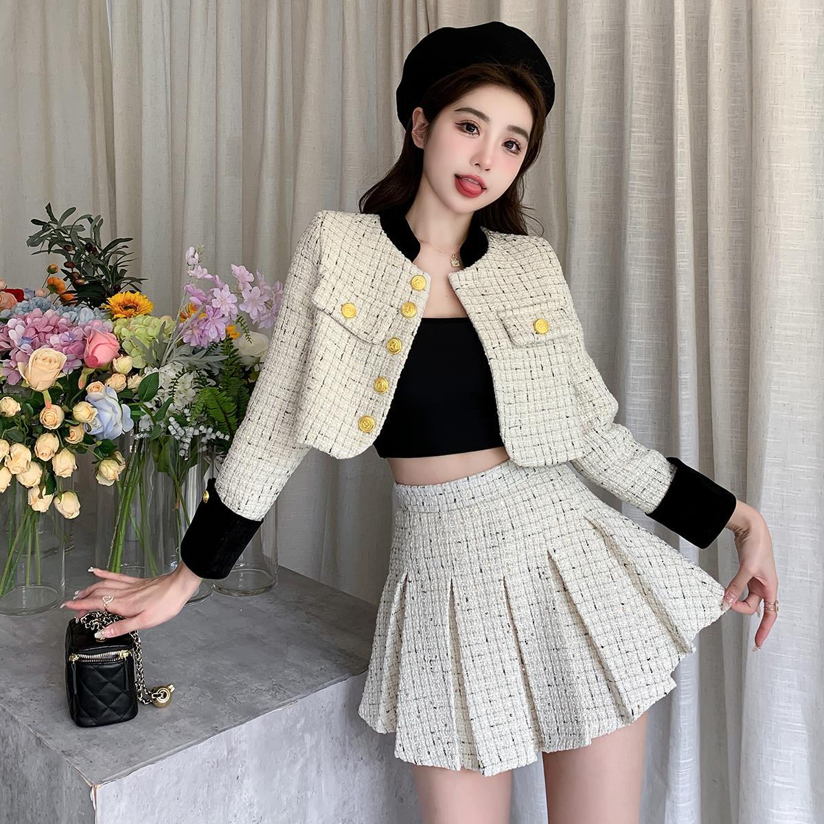 Single-breasted Thick Quilted Tweed Coat Set