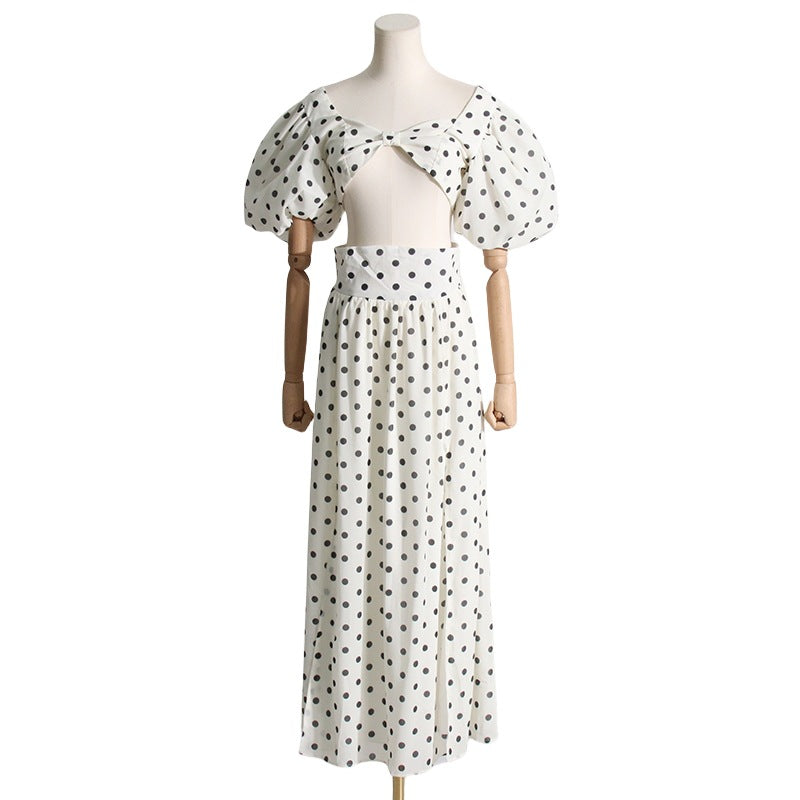 Femme col carré manches bouffantes haut taille haute fente à pois imprimé robe costume