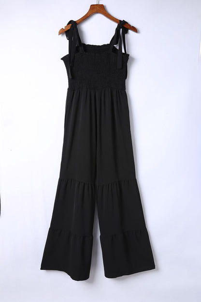 Apricot Tie Straps Shirred Casual Tiered Wide Leg Jumpsuit