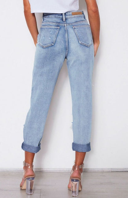 Women Clothing High Waist Loose Washed-out Denim Irregular Asymmetric Ripped Trousers