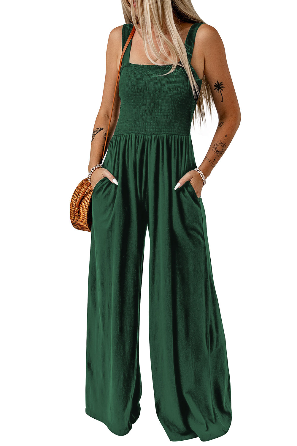 Black Casual Smocked Sleeveless Wide Leg Jumpsuit With Pockets