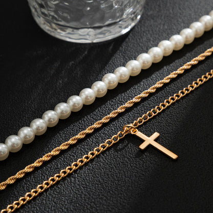 Collier polyvalent classique à trois couches empilées avec croix de perles de style hip-hop simple