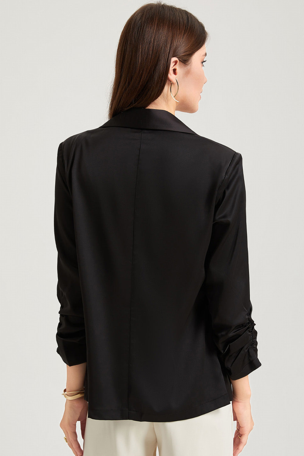 Black Solid Lapel Collar Satin Blazer