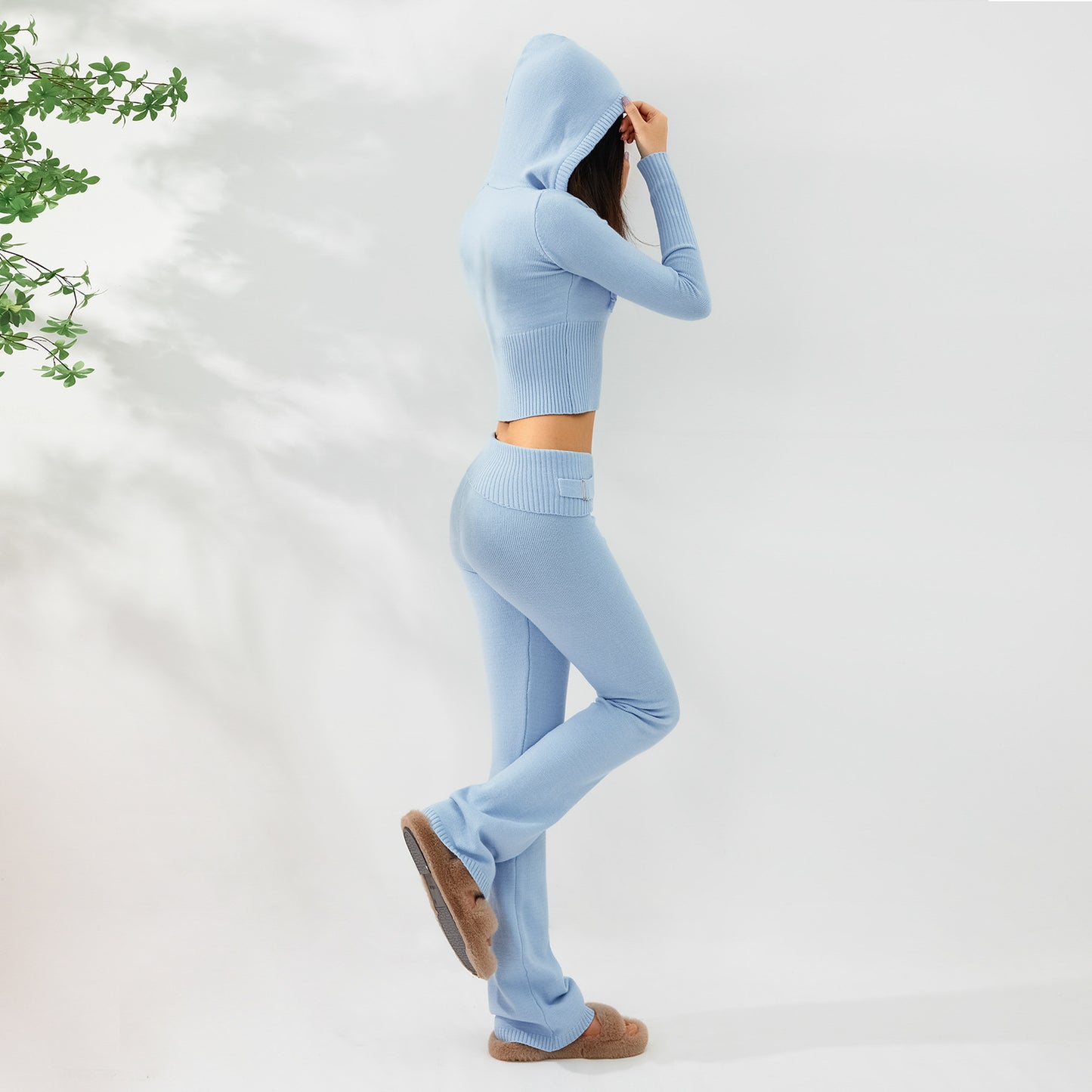 2pcs Knitted Hooded Suits Women's Long-sleeved Cardigan And High Waisted Trousers Clothing