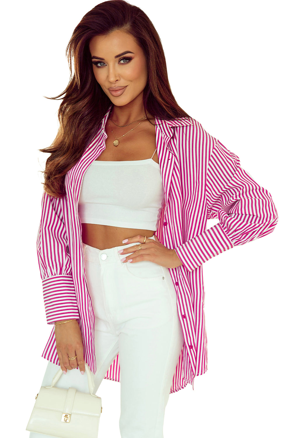 Striped Bishop Sleeve Side Slit Long Tail Shirt