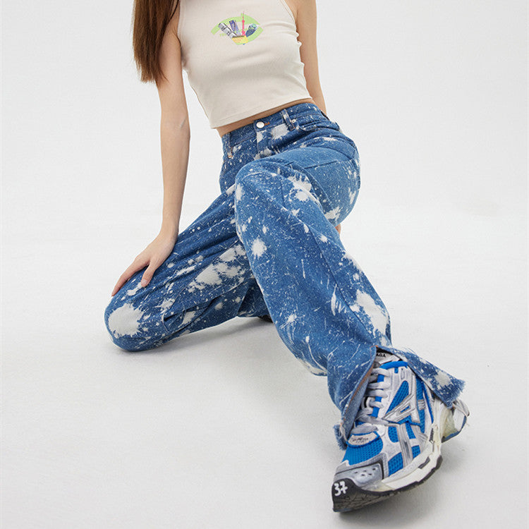 Women's Tie Dye Wash Printed Straight Fit Jeans