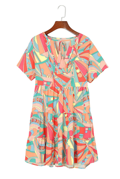 Multicolor Abstract Print Split V Neck Short Sleeve Tiered Dress