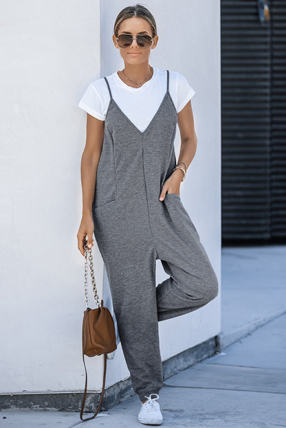 Black Textured Sleeveless V-Neck Pocketed Casual Jumpsuit