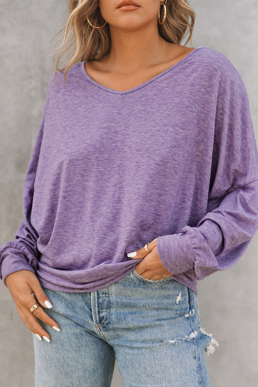 Purple Plain Tie Back Drop Shoulder Long Sleeve Top