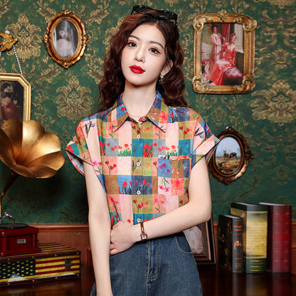 Women's Summer Hong Kong Style Retro Loose Color Matching Plaid Printed Shirt