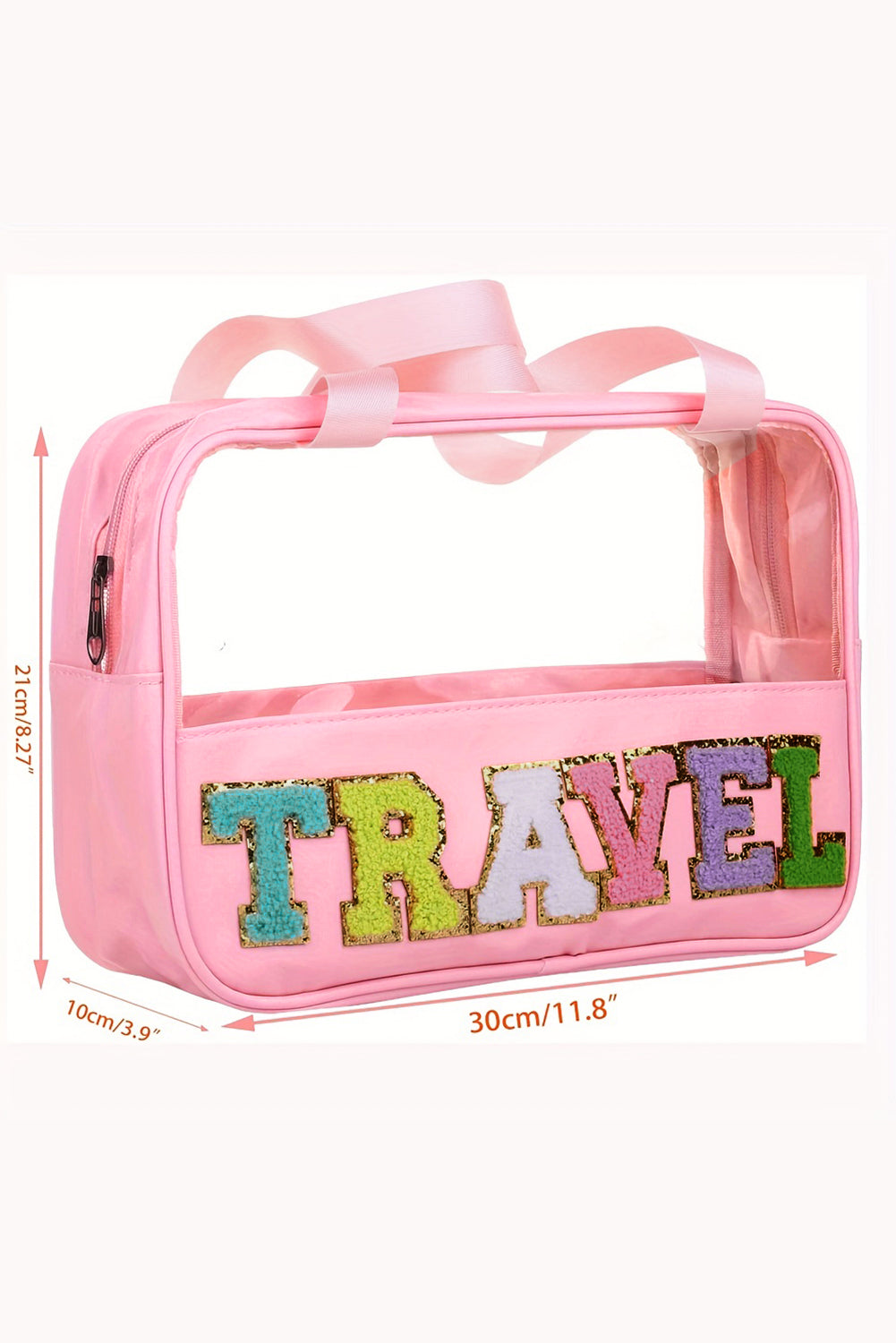 Trousse de maquillage en PVC transparent avec lettre chenille TRAVEL vert menthe