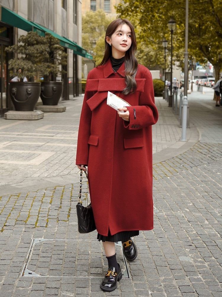 Manteau en laine rouge avec nœud papillon pour femme, nouveau manteau d'automne et d'hiver