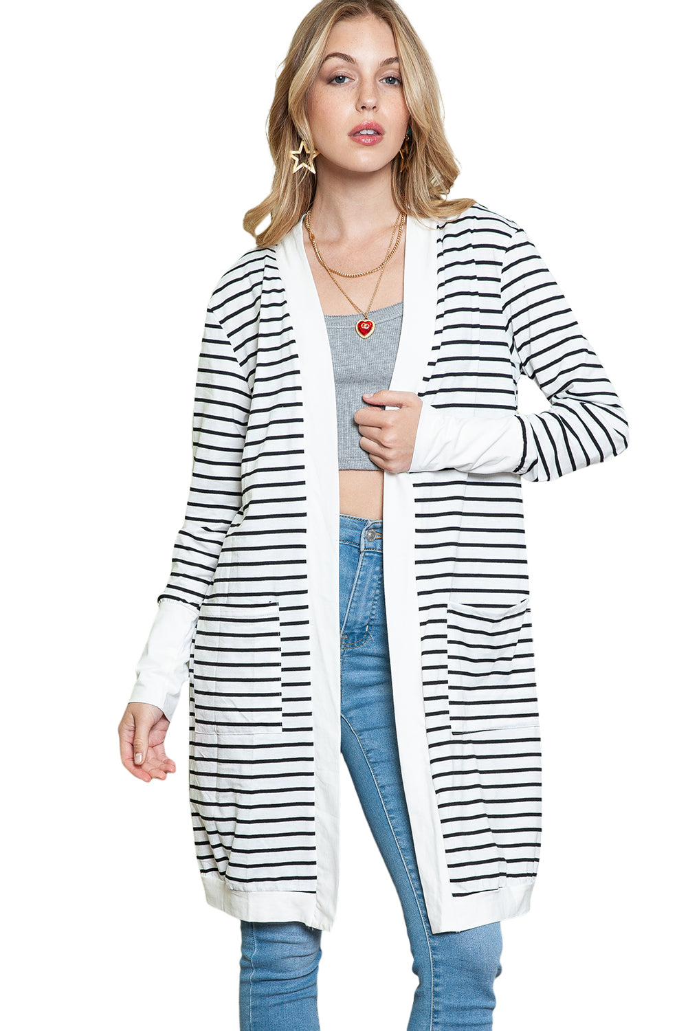 Cardigan long rayé blanc avec poches latérales et devant ouvert