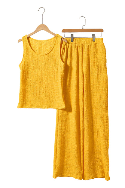 Yellow Crinkled U Neck Tank and Wide Leg Pants Set