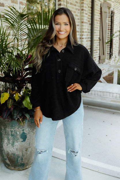 Black Polo Collar Buttoned Patchy Top with Pockets