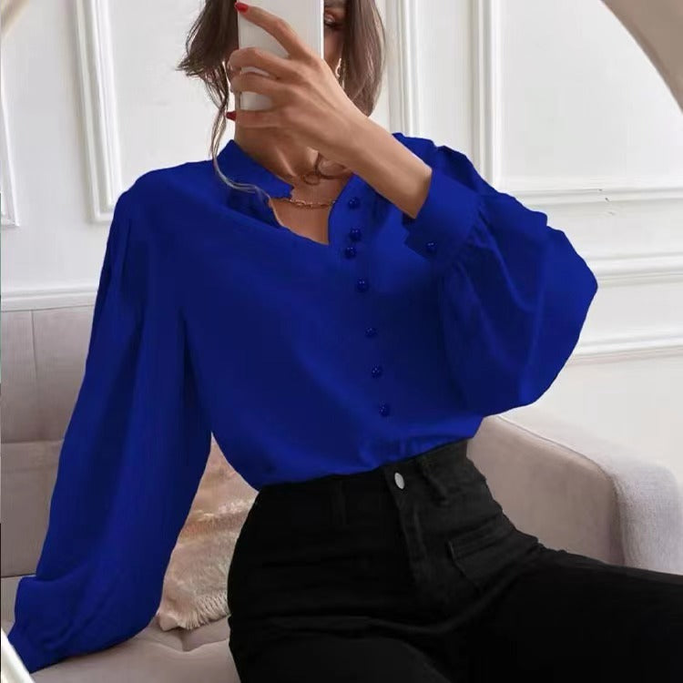 Chemise pour femme à simple boutonnage, couleur unie, col rond, manches longues