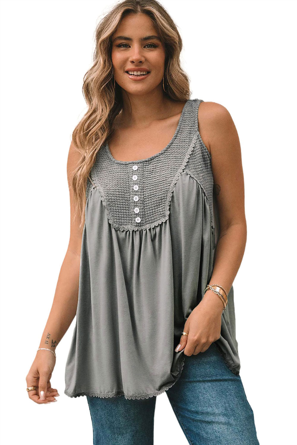 Gray Waffle Knit Panel Babydoll Sleeveless Top