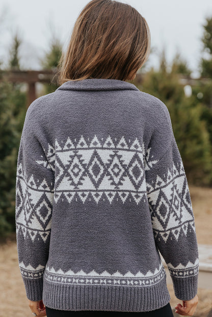 Grauer, geometrisch bedruckter Western-Pullover mit Viertelreißverschluss