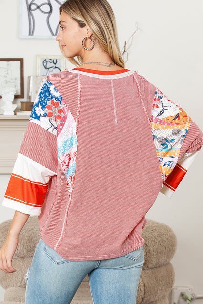 Sky Blue Striped and Floral Patchwork Oversized Top