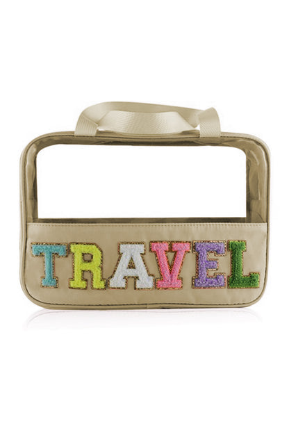 Trousse de maquillage en PVC transparent avec lettre chenille TRAVEL vert menthe