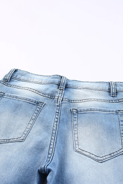 Himmelblaue, seitliche Schlitze, zerrissene Jeans mit geradem Bein und hoher Taille