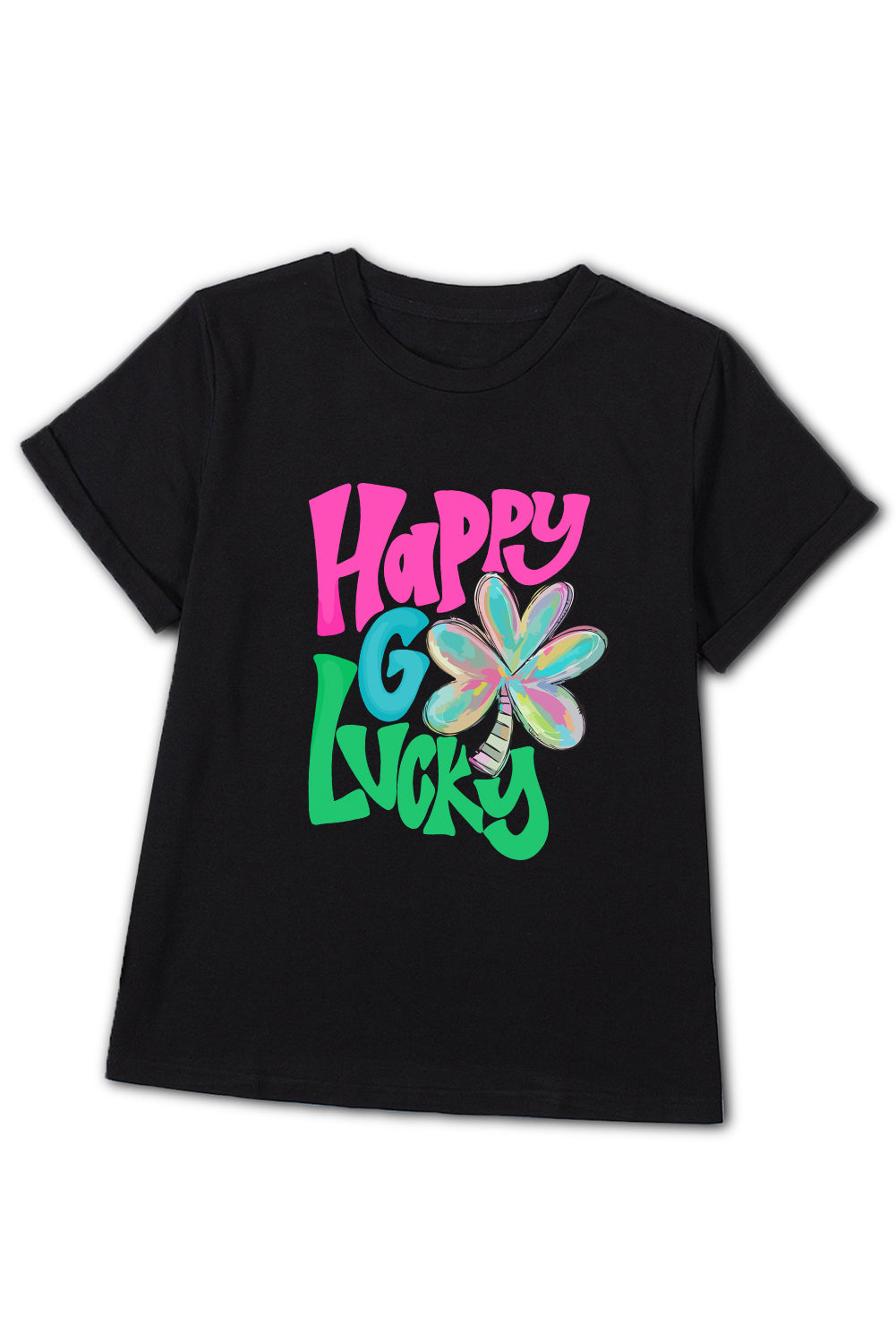 T-shirt noir à col ras du cou avec motif Happy GO Lucky Clover