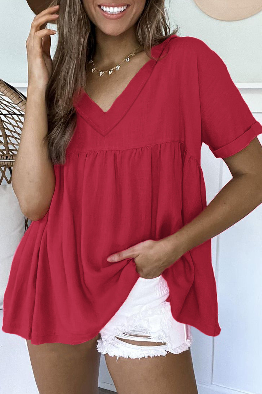 Blouse babydoll à volants et col en V effiloché rouge vif