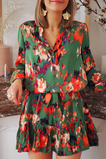 Abstract Print Waist Belted Flounce Hem Split V Neck Long Sleeve Dress