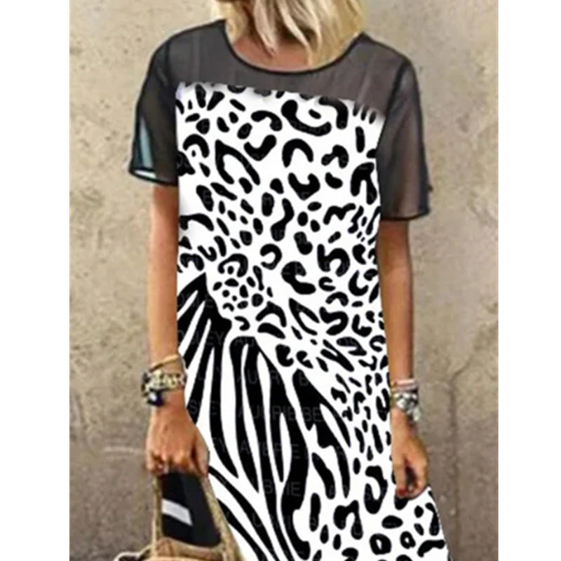 Women's Fashion Leopard Mesh Stitching Loose Plus Size Dress